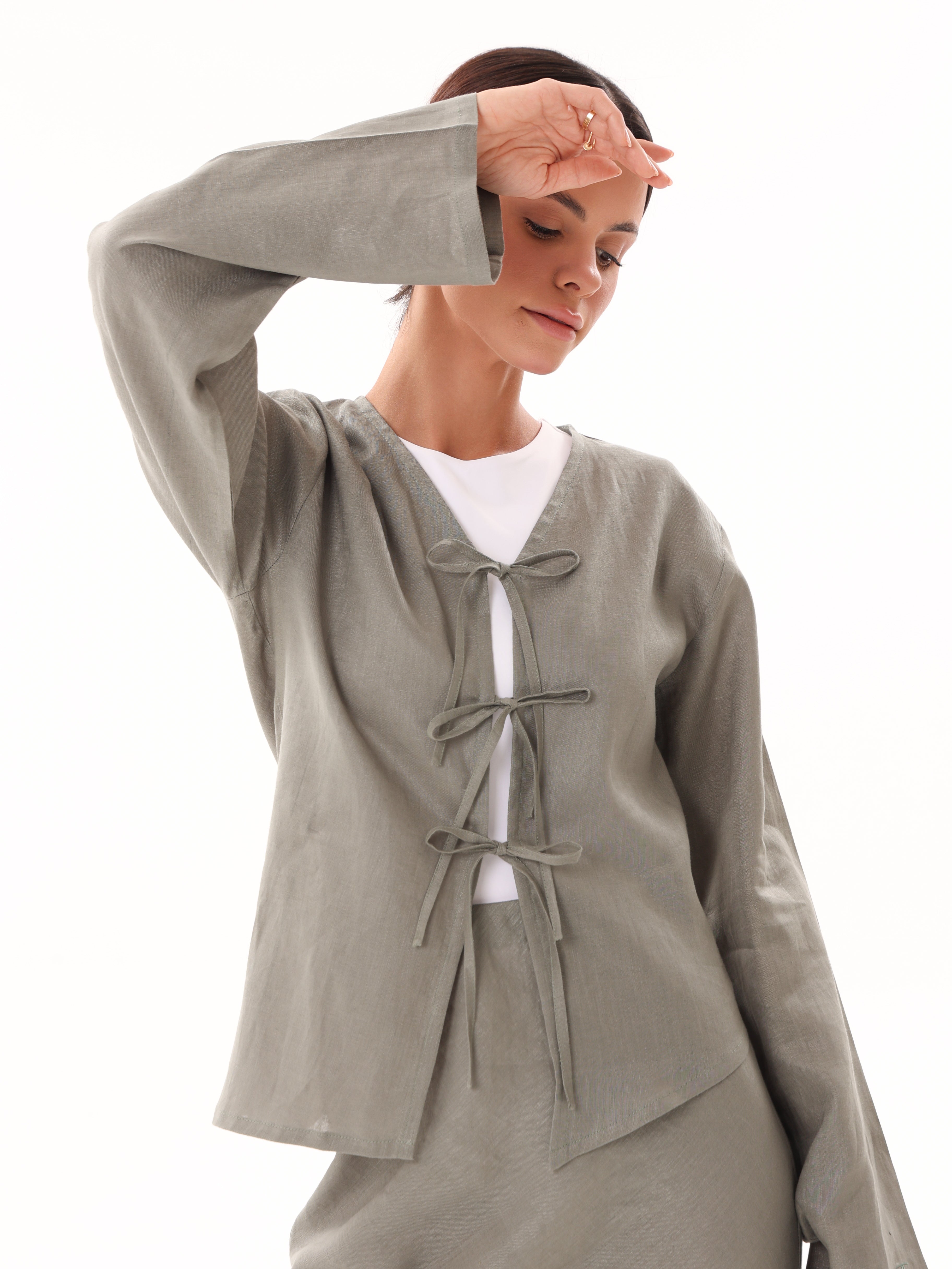Linen Bow Tie Asymmetrical Open Top-Olive