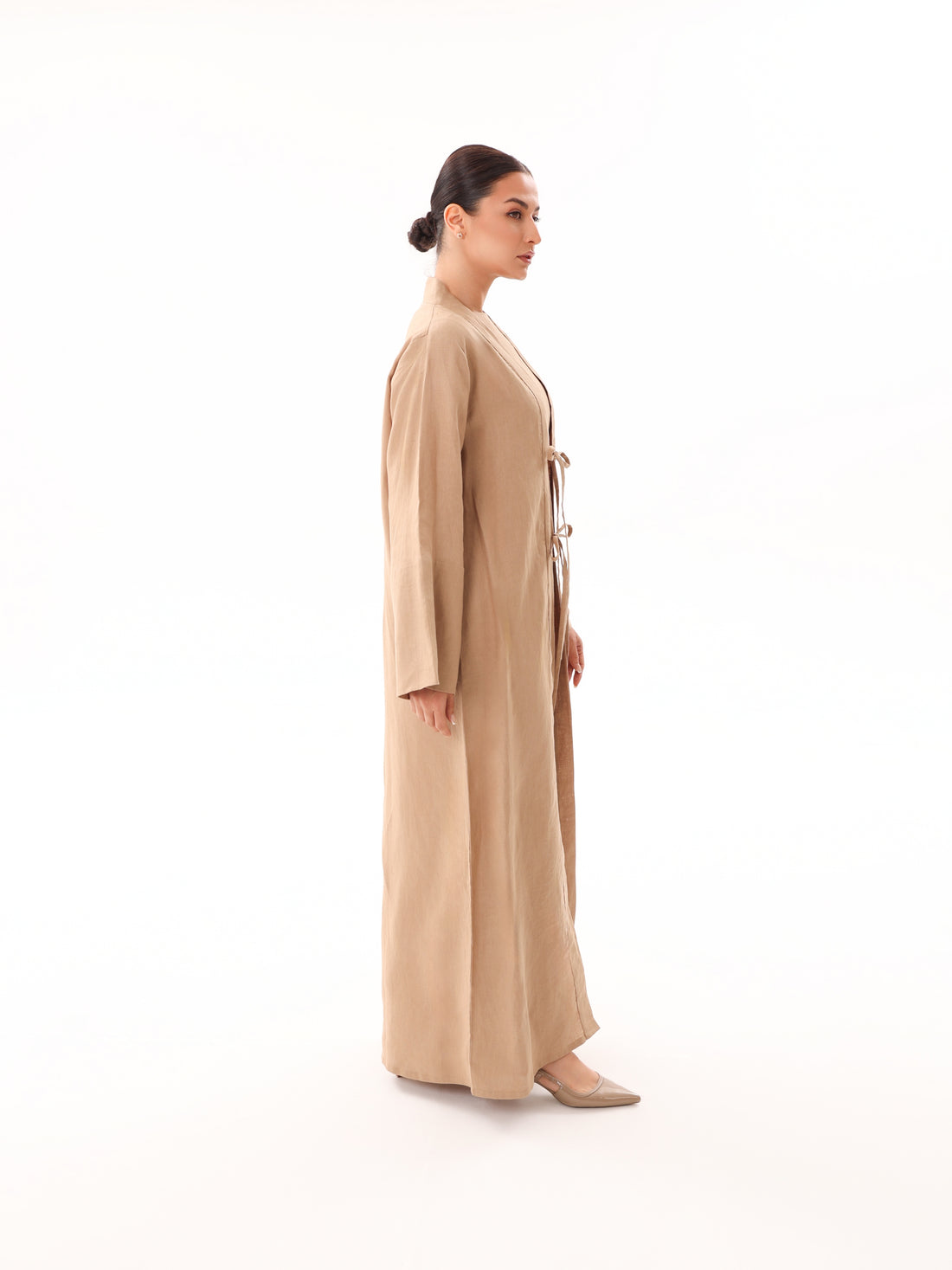 Linen Bow Tie Abaya-Camel