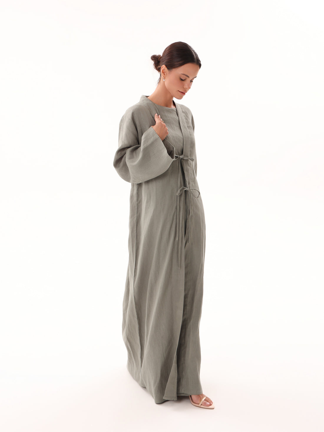 Linen Bow Tie Abaya-Olive