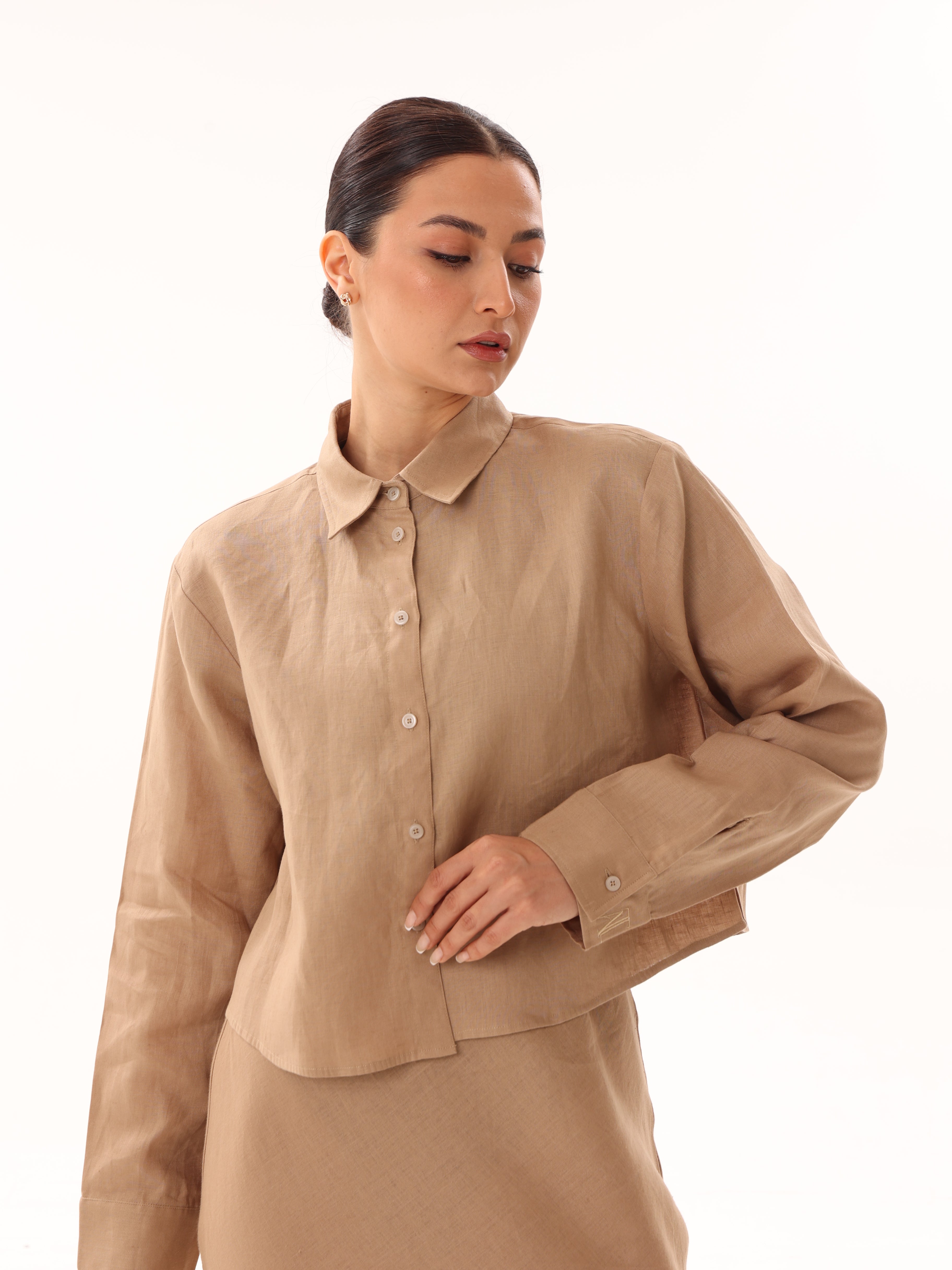 Linen Bow Tie Cropped Button Up-Camel