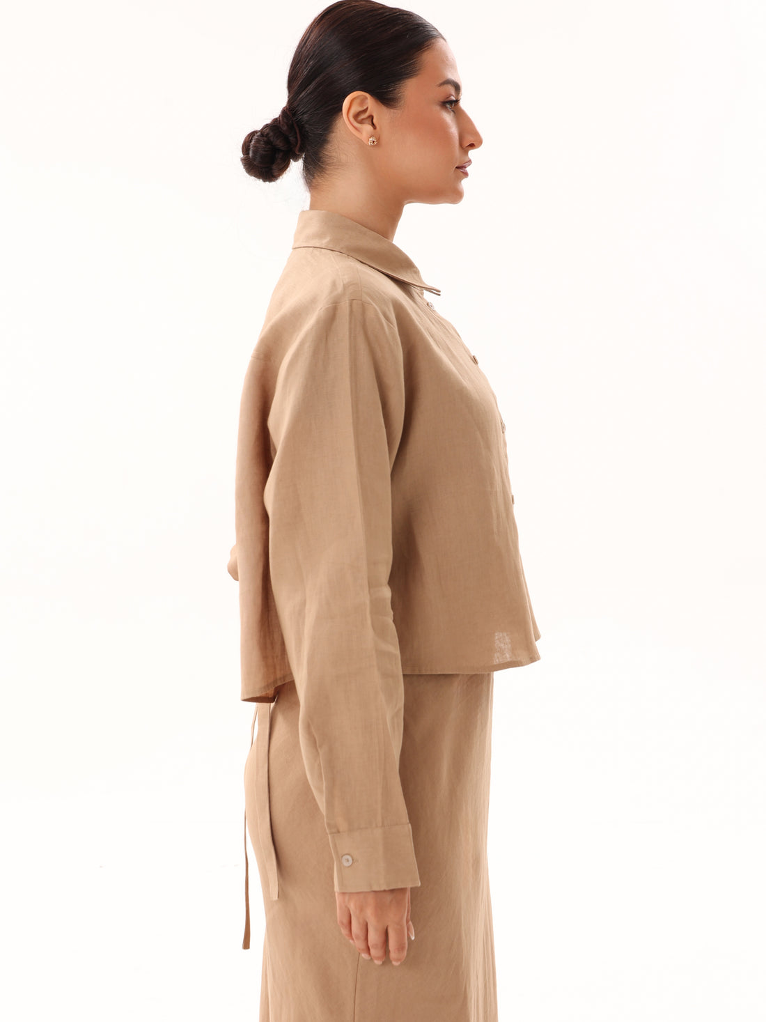 Linen Bow Tie Cropped Button Up-Camel
