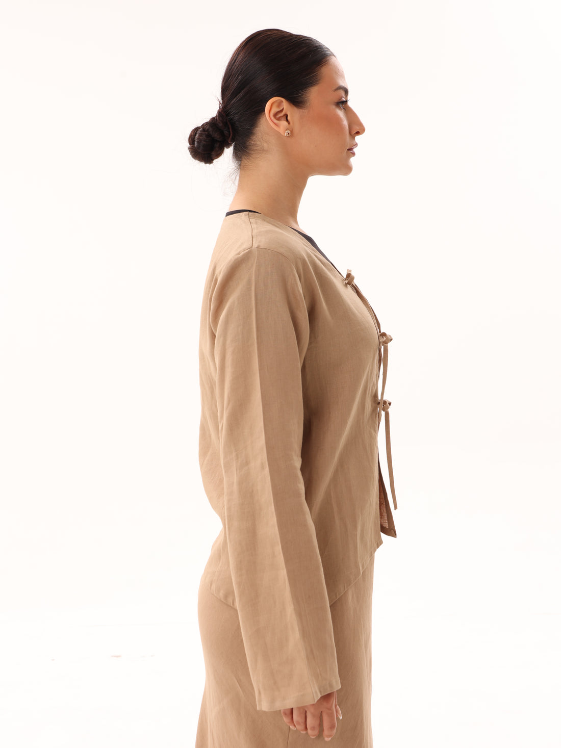 Linen Bow Tie Asymmetrical Open Top-Camel