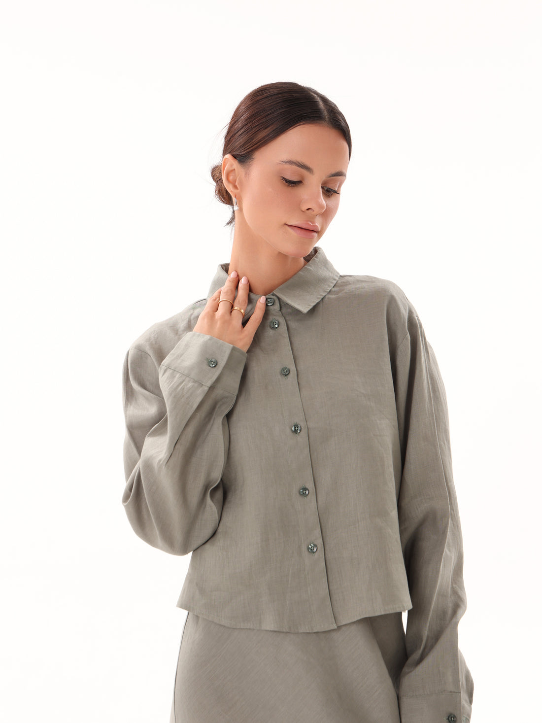 Linen Bow Tie Cropped Button Up-Olive