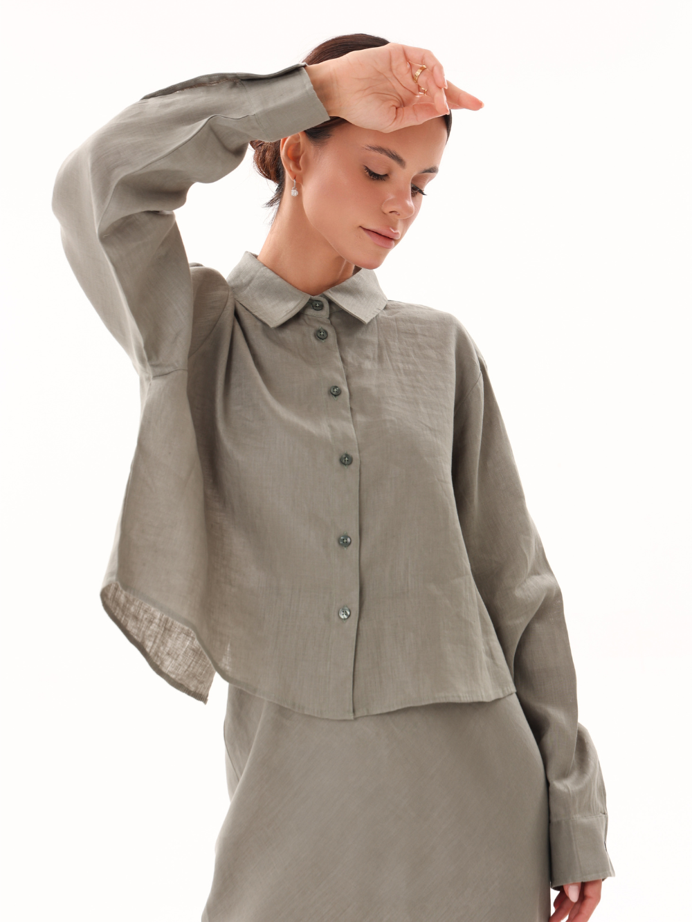 Linen Bow Tie Cropped Button Up-Olive